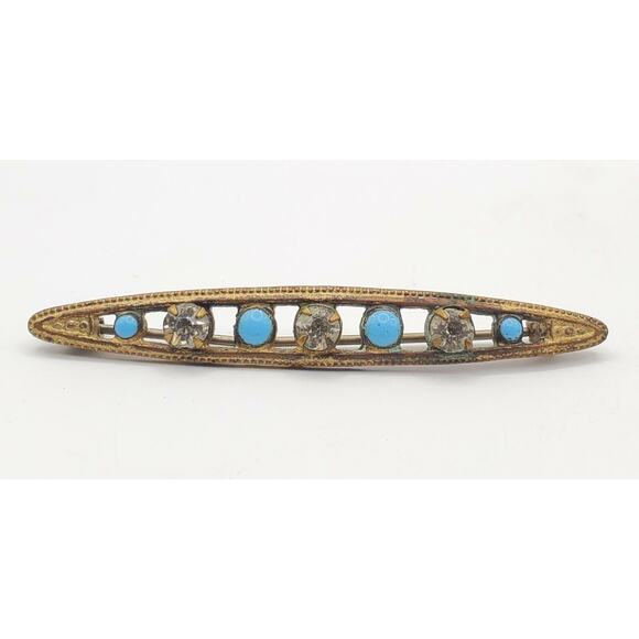 Turquoise Enamel & Rhinestone Bar Pin Antique Art Deco Victorian Brooch - Picture 1 of 5